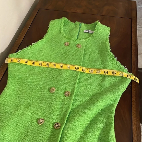 ZARA Tweed Green Dress Gold Medium - Picture 9 of 11